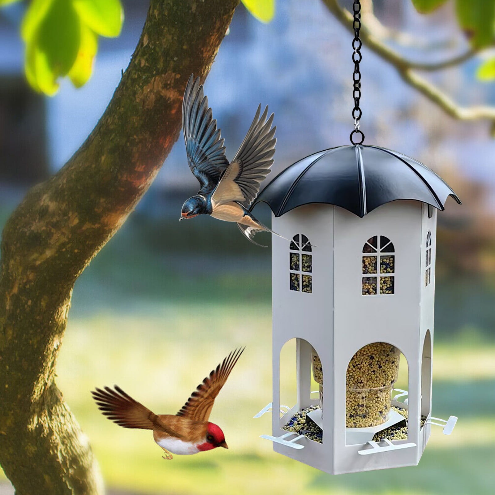 Metal Bird Feeder for Outdoor Hanging Wild Bird Feeders with Circular Perch Easy to Clean & Refill Large Seed Capacity Bird Feeders for Outdoors Hanging 9" White Castle Bird Feeder Outdoor Garden