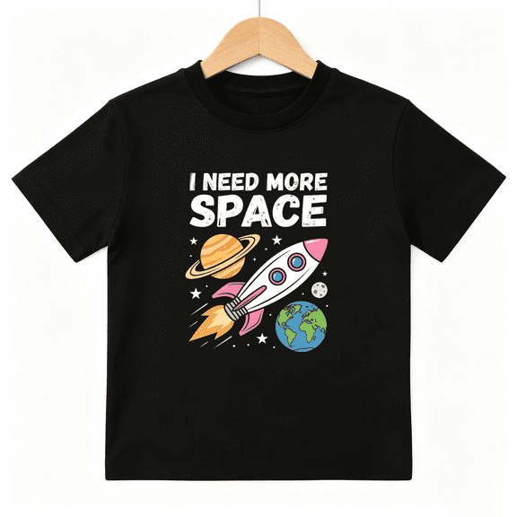 I Need More Space Rocket Girls Graphic Tee, Cute Planet Astronaut 100% Cotton Kids Short Sleeve T-Shirt