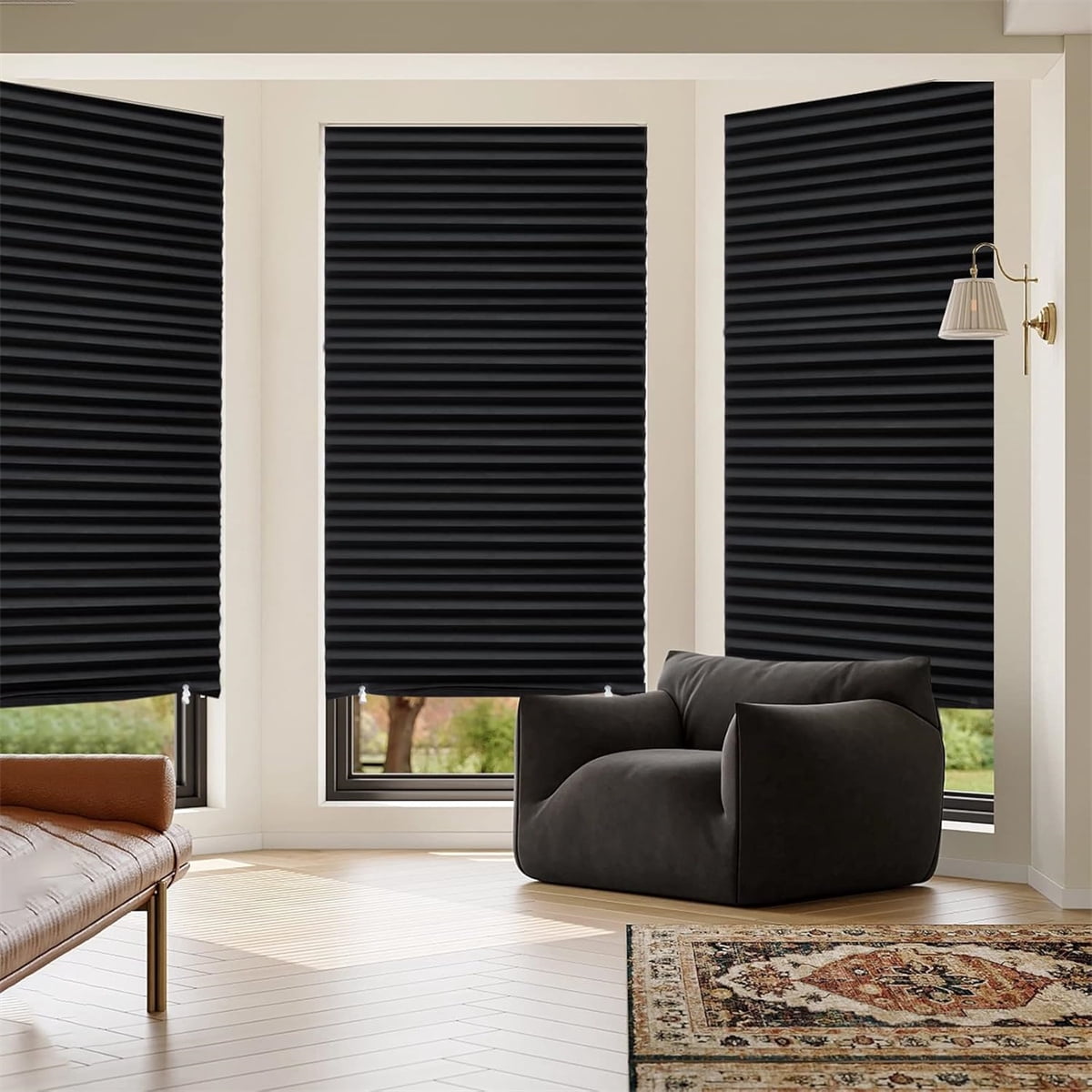 QZS Cordless Blackout Window Blinds,Pleated Blinds with Adhesive,Temporary Room Darkening Shades for Office,Window,35.4x59",2Pcs