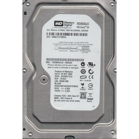 WD800AAJS-00B4A0, DCM HHRNHT2CA, Western Digital 80GB SATA 3.5 Hard Drive
