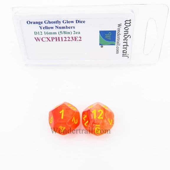 Orange Ghostly Glow Dice with Yellow Numbers D12 16mm (5/8in) Pack of 2 Wondertrail