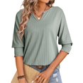 thumbnail image 3 of T-Shirts d'Été Décontractés Tendance pour Femmes - Manches 3/4, Texturé Uni, Design Col en V, 3 of 7