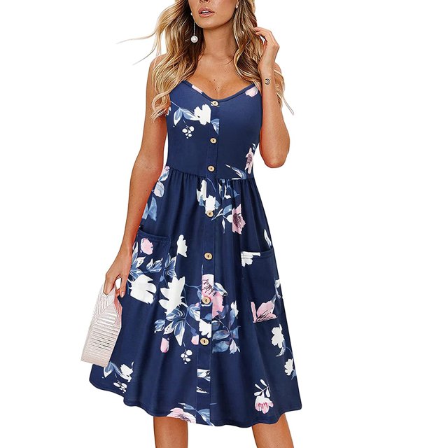 VISgogo Vestido sin mangas de verano para mujer, estampado de flores/leopardo para adultos, cuello en V, correa de espagueti cruzada, una pieza con bolsillos VISgogo moda
