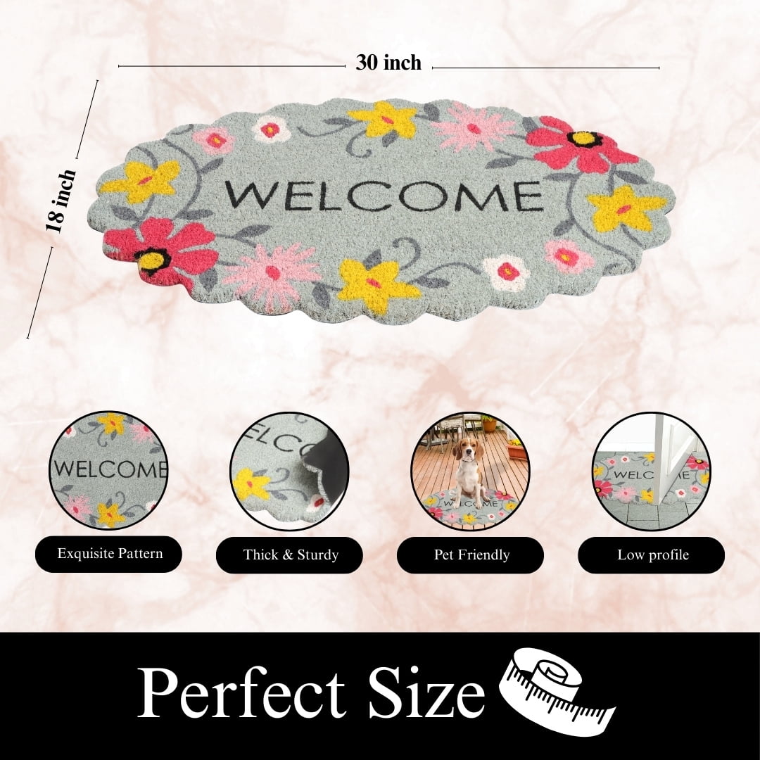 A1HC Natural Coco Coir Doormat, Spring Floral Scalloped, 18"x30", Durable Outdoor Welcome Mat, Non-Slip, Easy to Clean, Pet Friendly