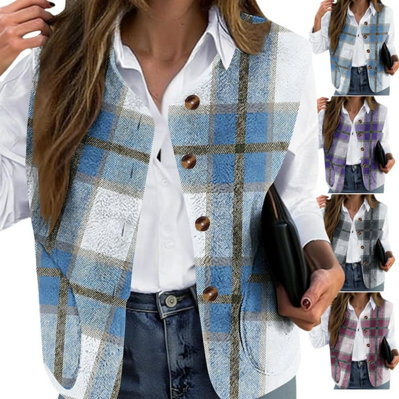 Gamivast Women'S Plaid Vest Plus Size Fleece Casual Crew Neck Sleeveless Flannel Outerwear Lightweight Button Down Jackets with Pockets Winter Trendy Tops