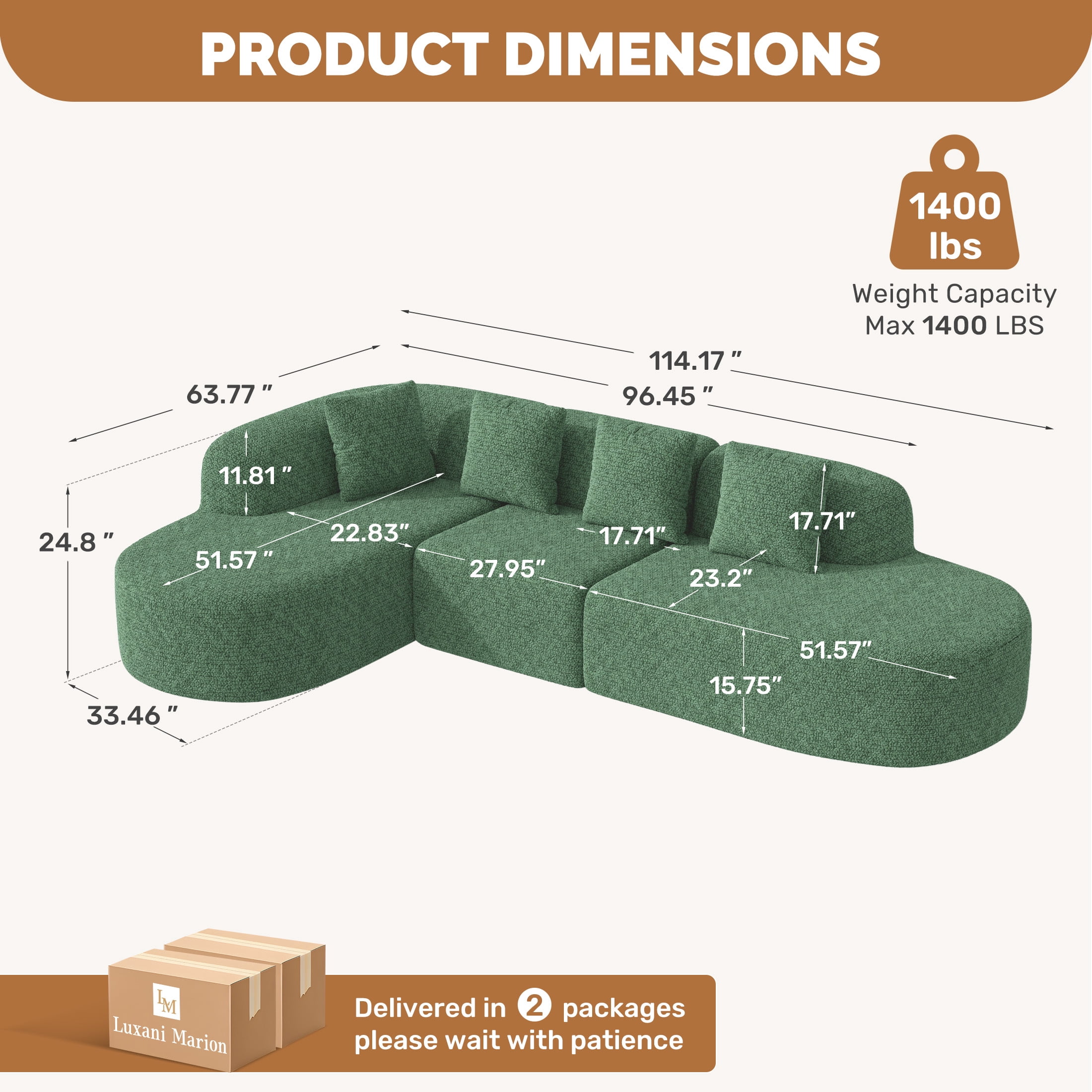 Daluvenix 114 Inch Boneless Couches for Living Room Modern Modular Sectional Sofa with Left Chaise L-Shape Cloud Sectional Couch