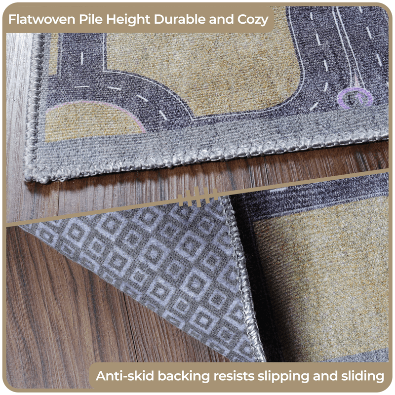 Superior Country Road Non-Slip Washable Indoor Play Rug, 5' x 5', Mossy Gold