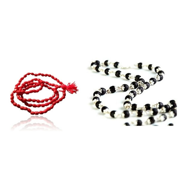 Kamada Combination of Red Coral (Moonga) mala and Black Tulsi mala,Spritual Necklace/rosary for Women and Men