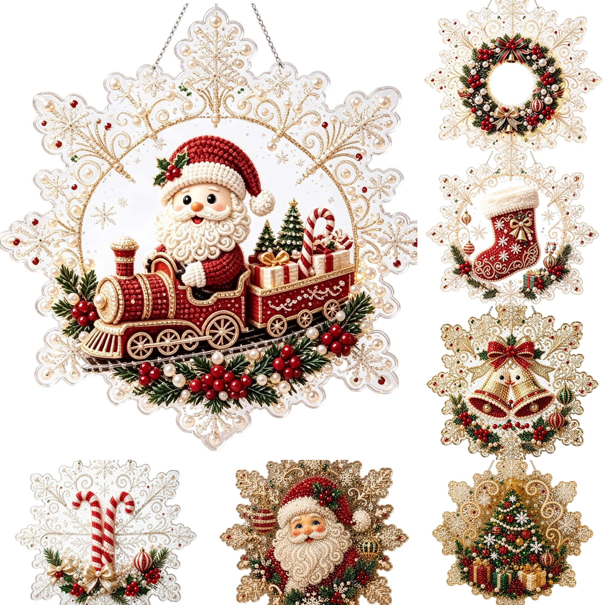 DIY Christmas Pearl Diamond Painting Suncatcher Kit Snowflake Shaped Acrylic Hanging Pendant with Mixed Beads Diamond Pearl Art Craft Home Wall Decor Holiday Window Gift