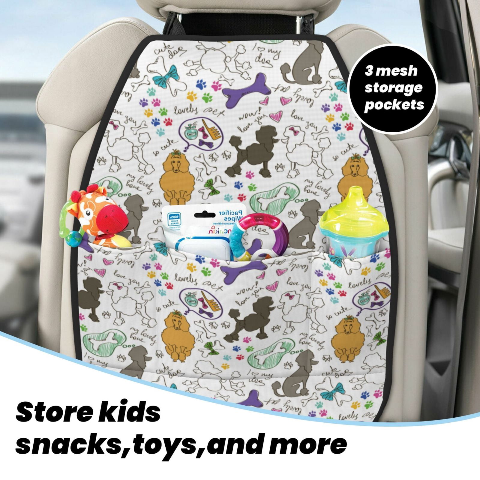 Kdxio Colorful Poodle Dog Print 2 Pack Car Kick Mat Seat Cover Back Protector Mat with Pockets for Organizer Backseat Protector and Storage Anti Kick Pad for Vehicles