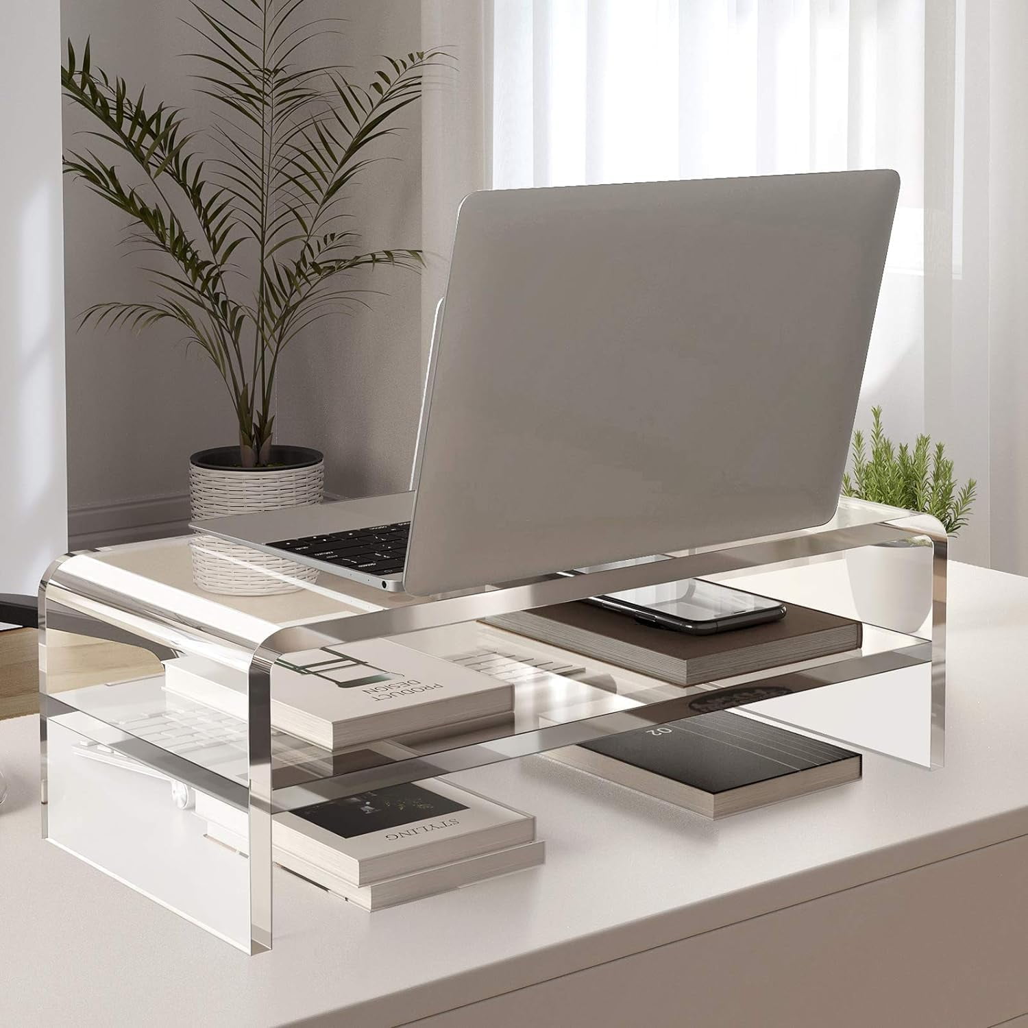 Acrylic Monitor Stand 2 Tiers Computer Riser 18x8x5.5 Inch Desktop Organizer for Office Home School Keyboard Storage