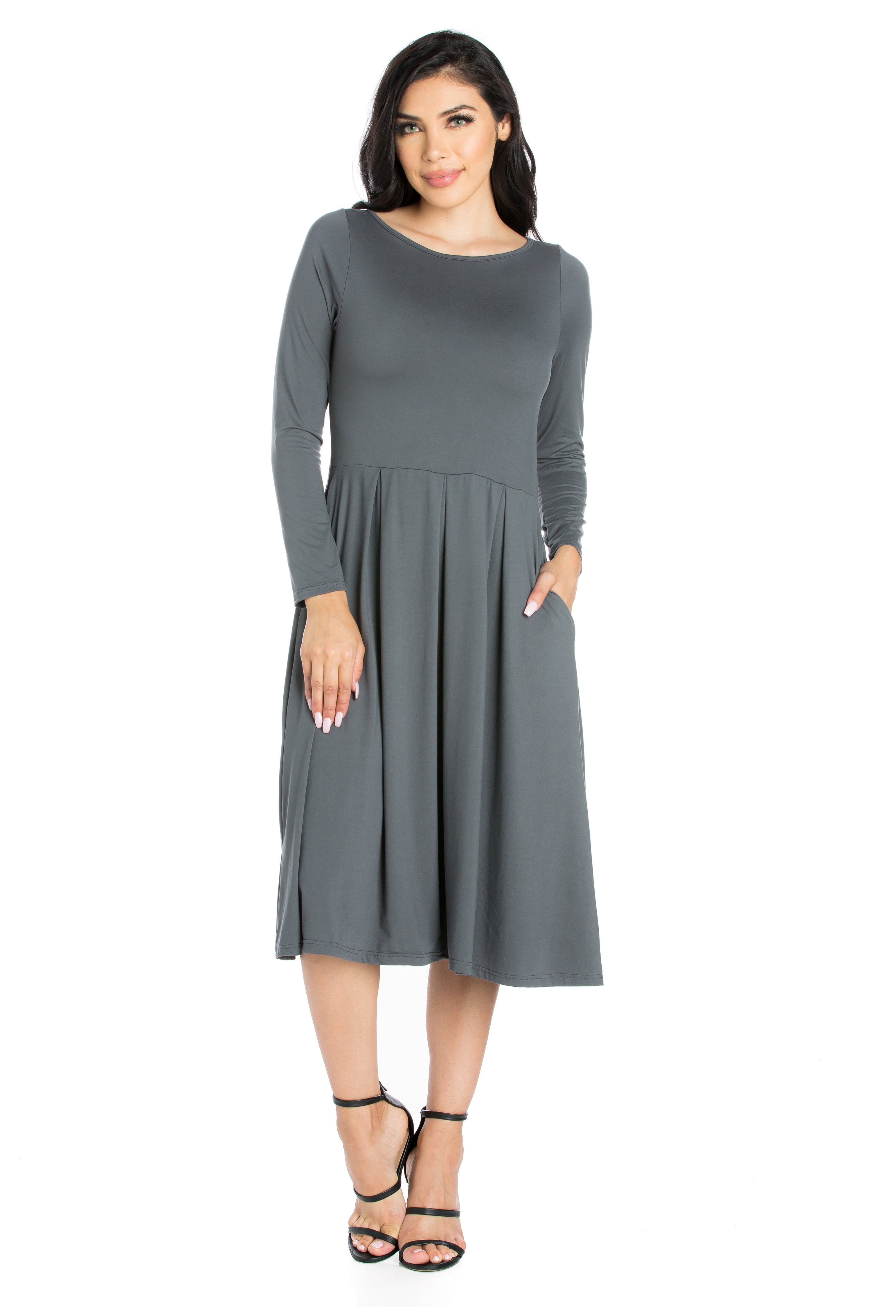 24seven Comfort Apparel Long Sleeve Fit and Flare Midi Dress - Walmart.com