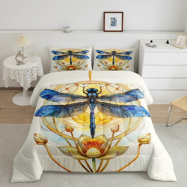 Erosebridal Lotus Folwer Bedding Twin Comforter Set, Mystic Dragonfly Down Comforter, Mother's Day Decor, Reversible 2pcs