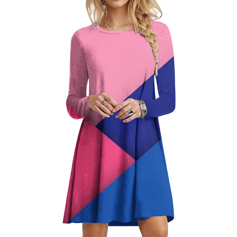 casual knee length dresses for juniors Kihout Midi Dresses for Women Fashion Juniors Casual Long Sleeve Round Neck Printed Knee Length Dress, Women's, Size: XL, Pink