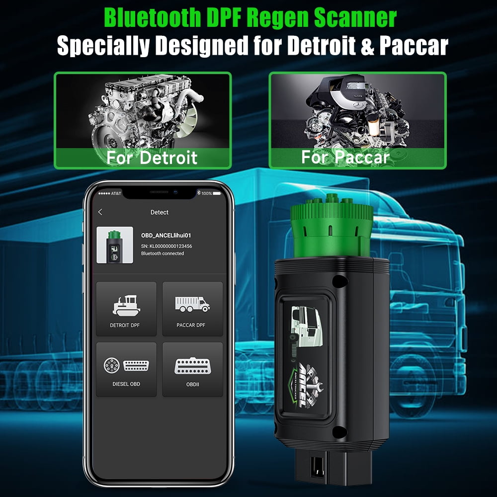 ANCEL Bluetooth Wireless Heavy Truck Diesel Truck Scanner Full System Truck Diagnostic Tool with D.P.F Re-gen Fits for Detroit Paccar, 24V Truck 12V Car 2 in 1 Engine Code Reader Scanner