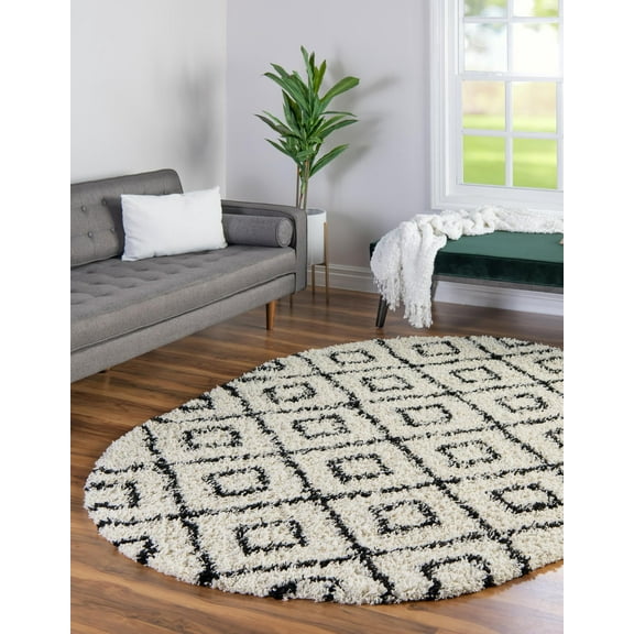 Unique Loom Trellis Shag Collection Area Rug - Ruth (4' x 6' Oval White and Black/Ivory)