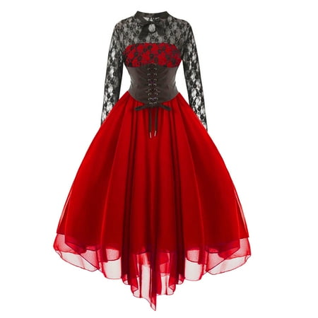 Feancey Weekly Deals 2023 Gothic Dresses for Women Plus Size Women Steampunk Gothic Dress with Corset Halter Long Sleeve Lace Cocktail Swing Dress Handkerchief Hem Halloween Punk Hippie Dress
