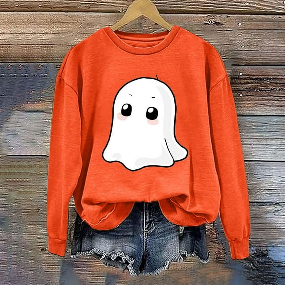 Jsaierl Halloween Sweatshirts Women Cute Pumpkin Ghost Graphic Sweatshirt Loose Fit Crewneck T-shirt Long Sleeve Holiday Pullover Tops Halloween Costumes