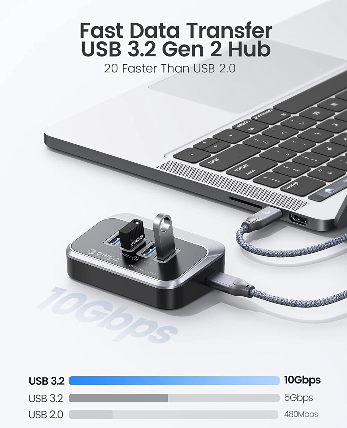 ORICO USB 3.2 Gen 2 Hub,10Gbps USB Hub with 4 USB A Ports, USB Adapter USB Extender USB Splitter with 1.64Ft USB Cable USB Multiport Adapter for MacBooks,Laptop, Camera,Keyborad, Mouse