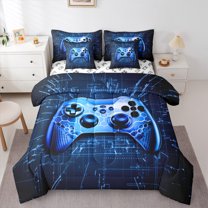 jejeloiu Teens Blue Gamepad 7-Piece Bedding Comforter Set,Modern Gamer King Bedding Sets,Blue Geometric Honeycomb Bed Sheets For Boys Kids,Ultra Soft Home Decor Reversible
