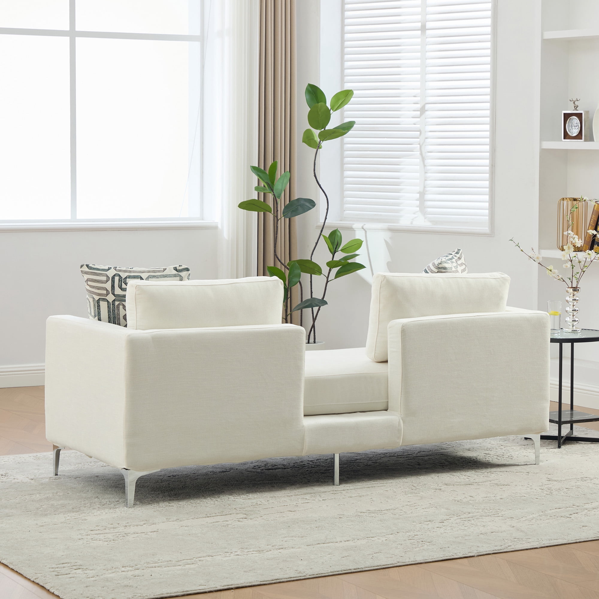 77.5-Inch Chenille Chaise Lounge with 4 Accent Pillows and Track Arms, Oversized Settee Daybed for Living Room and Bedroom, Ivory