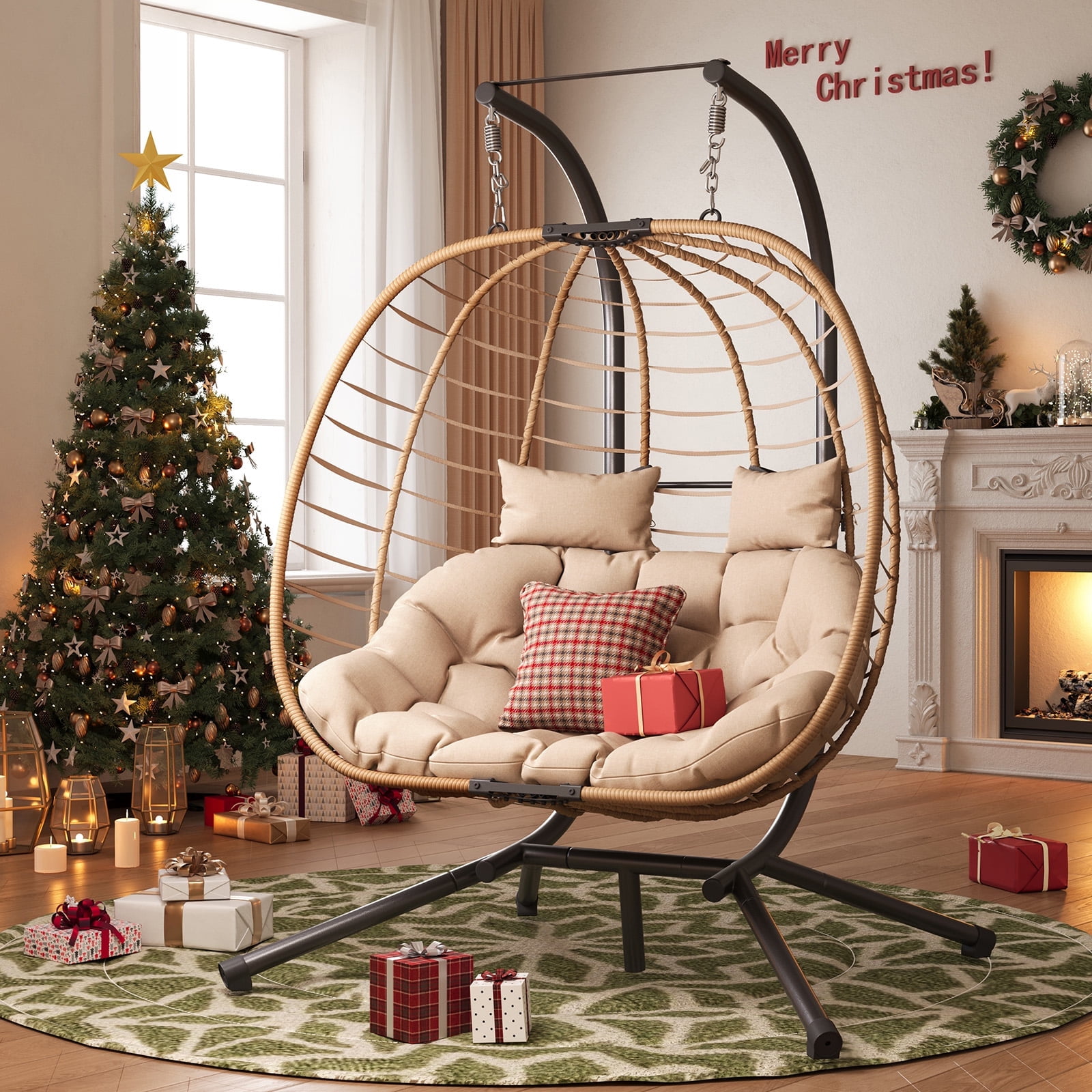 ELPOSUN Double Wicker Swing Egg Chair 2 Person Foldable Hanging Egg Chair with Stand, Porch Swing Loveseat for Patio, Balcony, Porch, Indoor，Outdoor, Beige