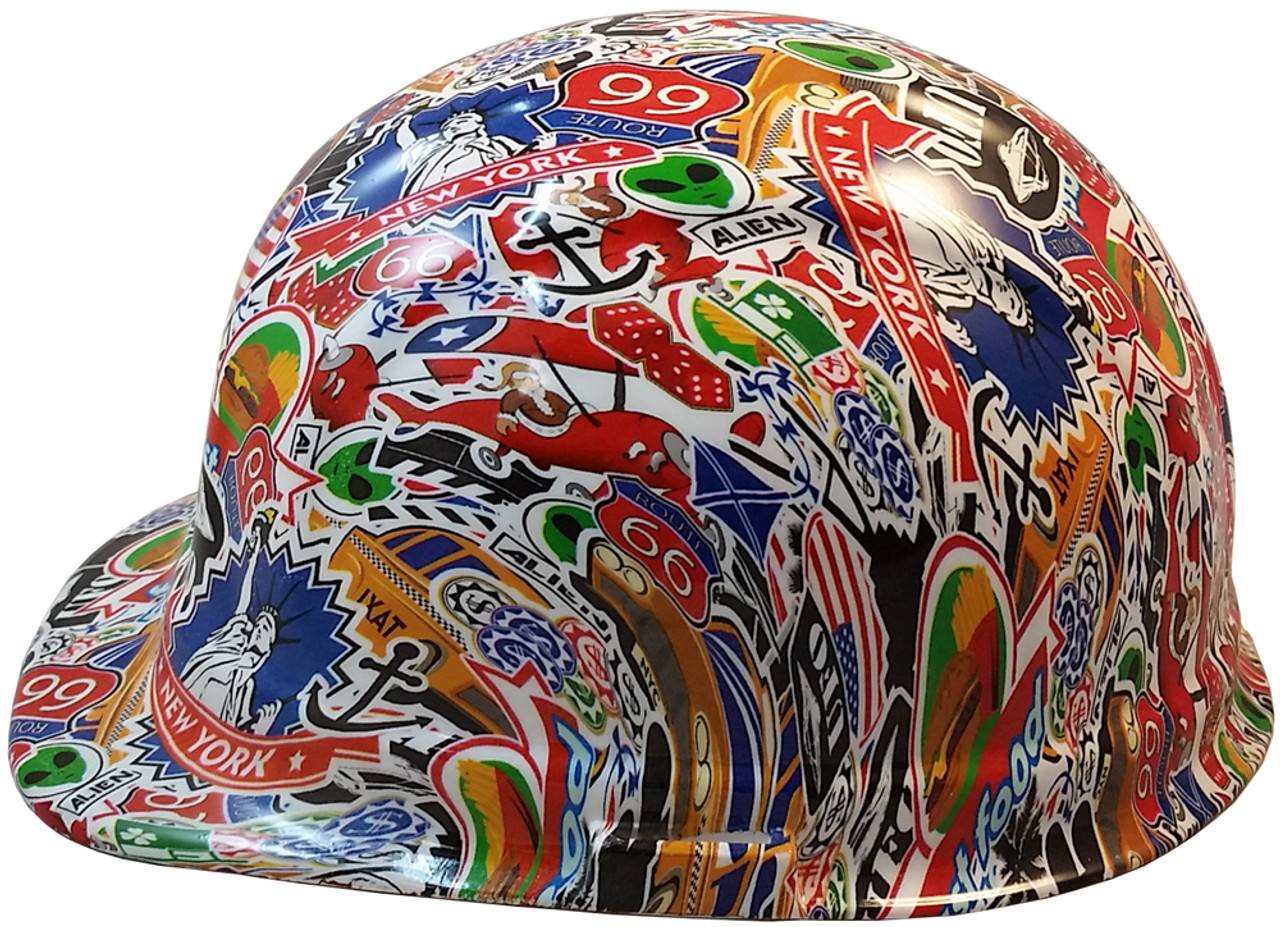 Route 66 Sticker Bomb Hydro Dipped Hard Hats, Cap Style with 4 Pt Suspension