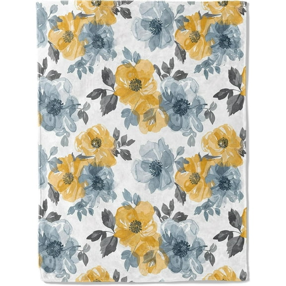 Elegant Floral Throw Blanket 50x60inch, Chic Yellow Blue Flower Blankets for Couch Bedroom Living Room Indoor Decor, Soft Cozy Bedding Birthday Gift for Kids Adults