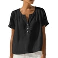 thumbnail image 2 of Craaazy Women's Casual V Neck Blouse, Solid Color Short Sleeve Cotton Linen Top, Loose Fit Comfy Henley Tunic for Daily Wear Gifts, 2 of 9