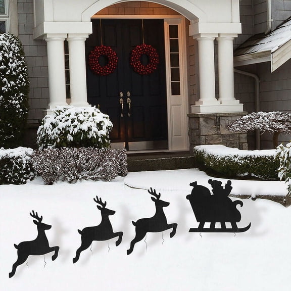 4-Piece Santa & Reindeer Silhouette Yard Sign Set, Christmas Home Decor