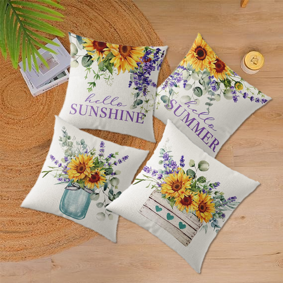 Pillow Covers 18x18 Inch Set of 4 Spring Sunflower Lavender Eucalyptus Leaf Summer Square Throw Pillow Decorative Case Sofa/Bed Cushion Covers Zipper Pillow Protector for Bedroom Living Room Farmhouse