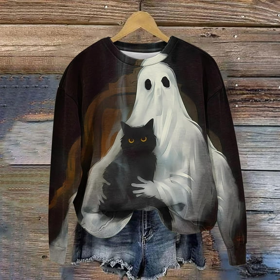 CLOISE Halloween Sweatshirts Women Funny Ghost Cat Graphic Pullover Sweatshirts Fall Long Sleeve Crewneck Hoodies Shirts Tunic Blouses Holiday Party Clothes Black XL Boo