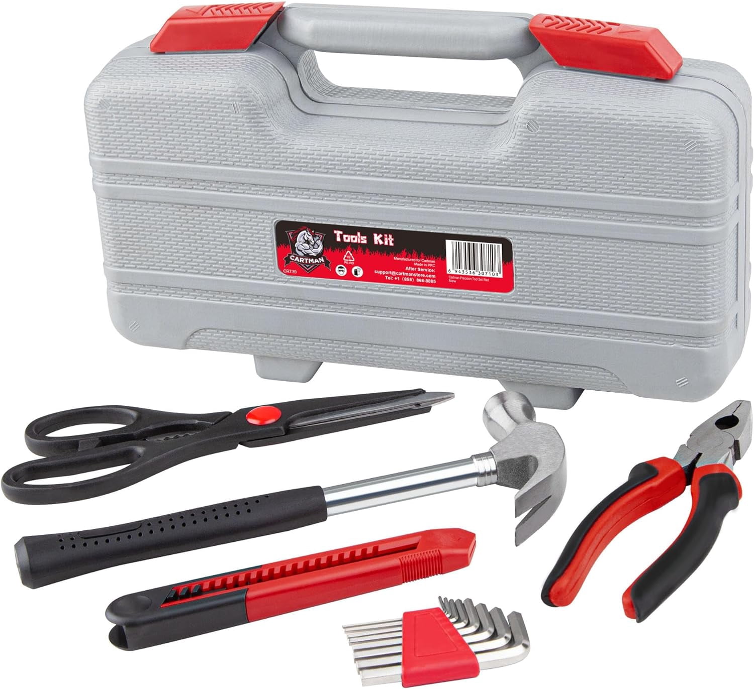 39-Piece Home Tool Set Kit, Essential Household Hand Tools with Plastic Storage Case, Red