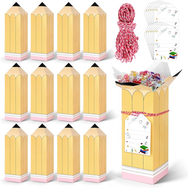 Back to School Pencil Boxes with Cards, 12 Pencil Gift Boxes for Teachers, Welcome Back to School Teacher Gifts for First Day of Schools Party Favor Supplies Thank Teachers Appreciation