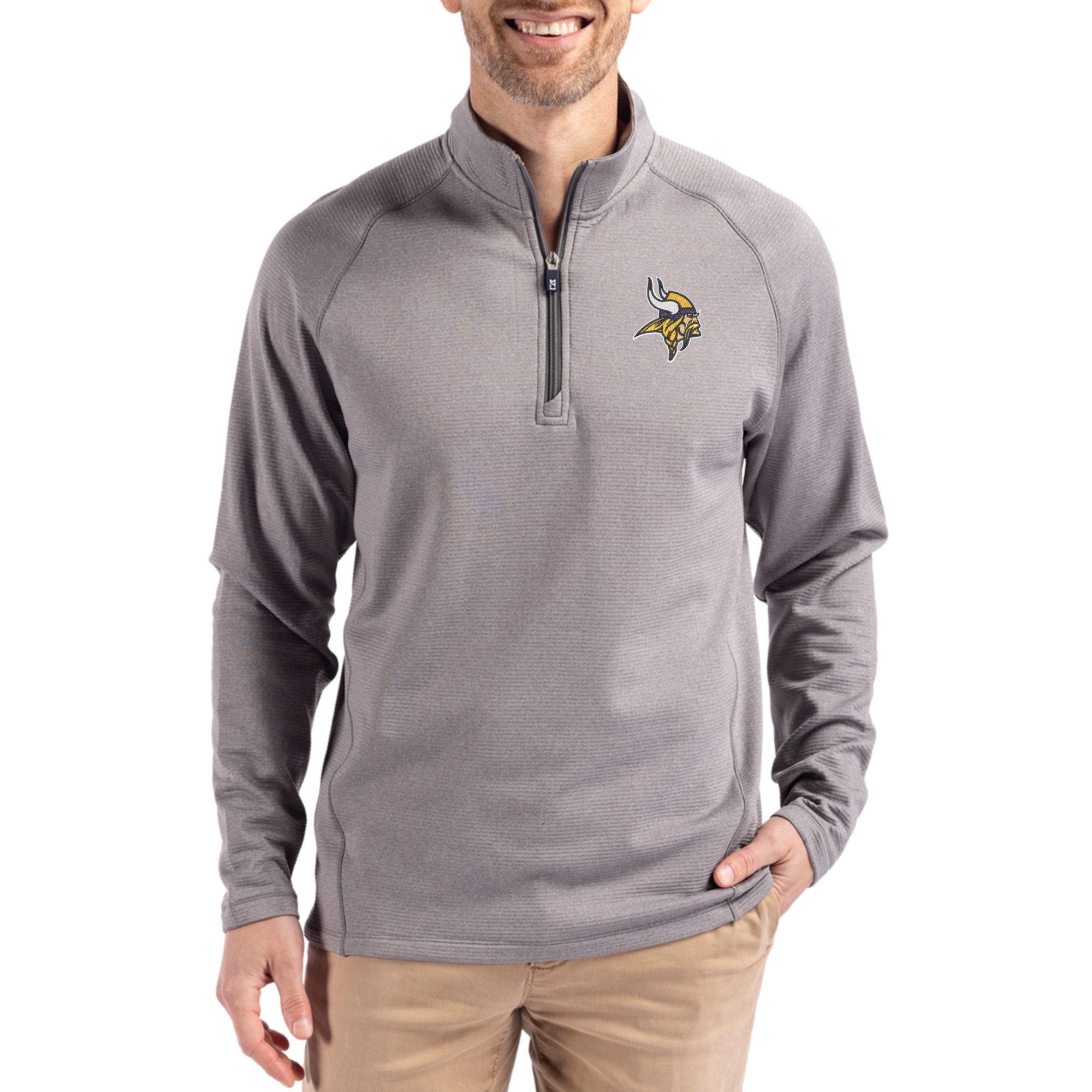 Men's Cutter & Buck Heather Gray Minnesota Vikings Peshastin Eco Fleece Tri-Blend Raglan Recycled Quarter-Zip Jacket