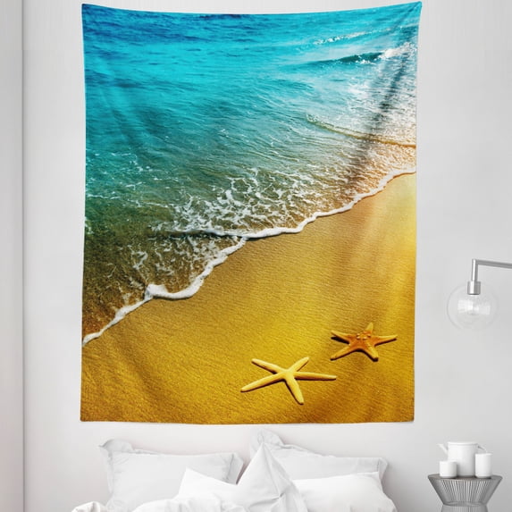 Starfish Tapestry, Summer Season Sunset Scenery Shoreline Sand Waves Calm Tranquil Island Paradise, Fabric Wall Hanging Decor for Bedroom Living Room Dorm, 5 Sizes, Multicolor, by Ambesonne