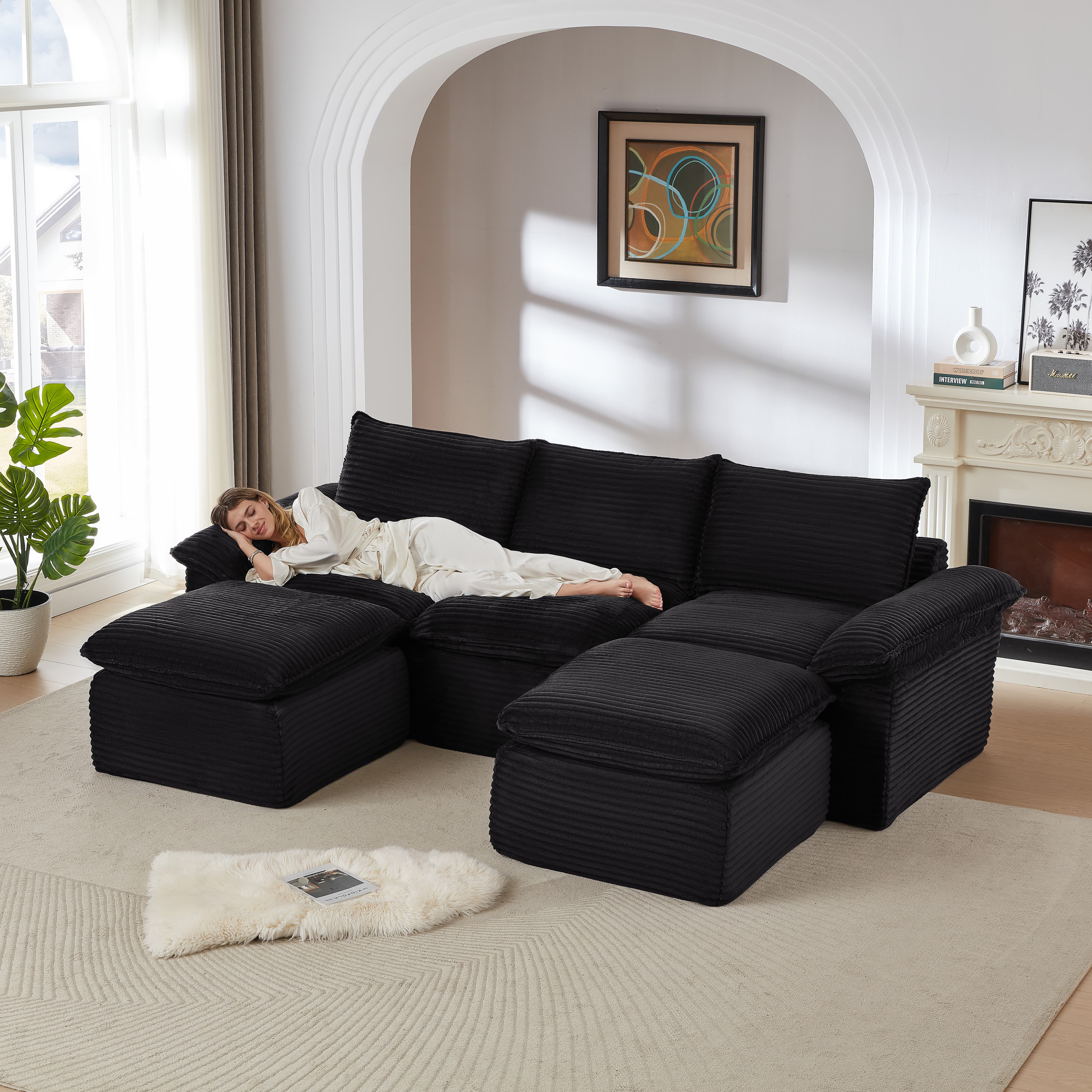 MAYEERTY Modern Modular Corduroy Sofa, Black Cloud-Soft Sectional Couch for Apartment