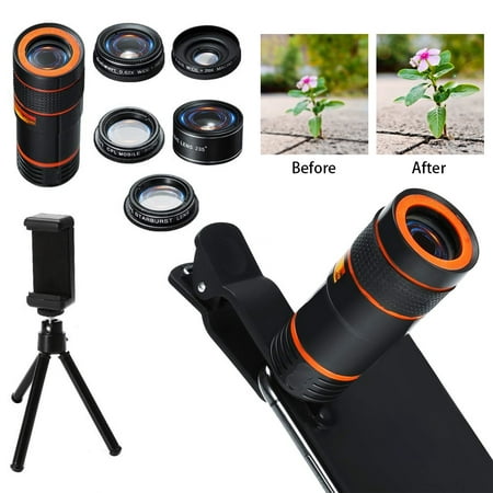 Universal 6 in 1 Mobile Phone Camera Lens Kit 12X Telephoto Zoom Lens 0.62X Wide Angle 235° Fish Eye Professional CPL Lens plus Phone Holder and Tripod for iPhone X 8 7 6 6s Android