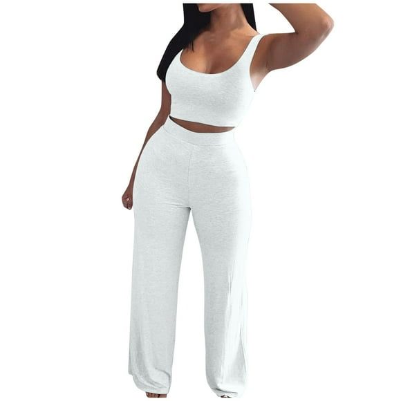 TSADFHJI Two Piece Sets for Women Summer Outfits Sets Neck Tops Wide Leg Crop Pants Vacation Travel Outfits Women's Solid Sleeveless Scoop Neck Crop Tank Top M White
