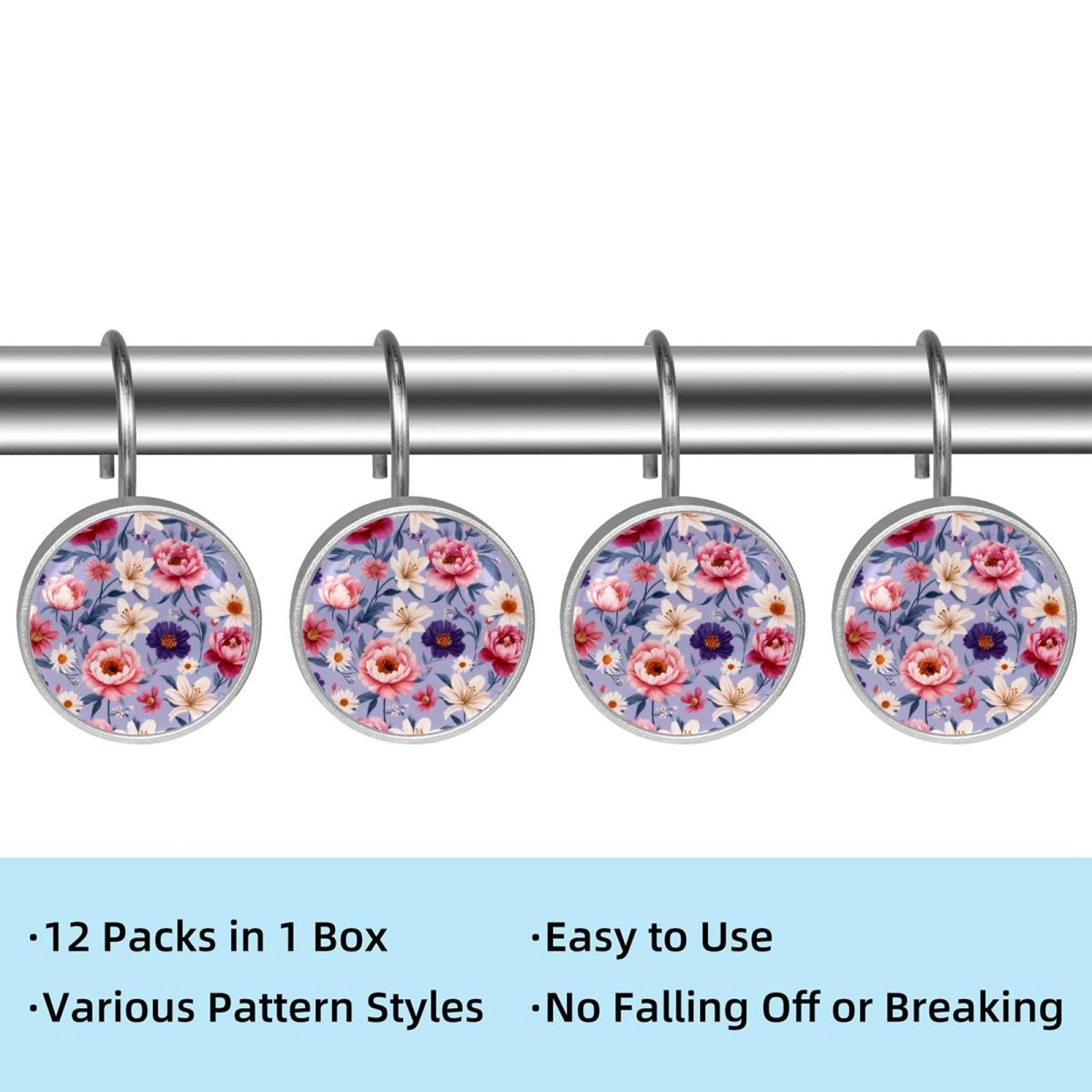 12pcs Decorative Shower Curtain Hooks, Rust Resistant Shower Rings for Bathroom Living Room,Rustproof Stainless Steel Rings for Shower Curtain and Liner Rods,Bohemia Style Flowers Purple
