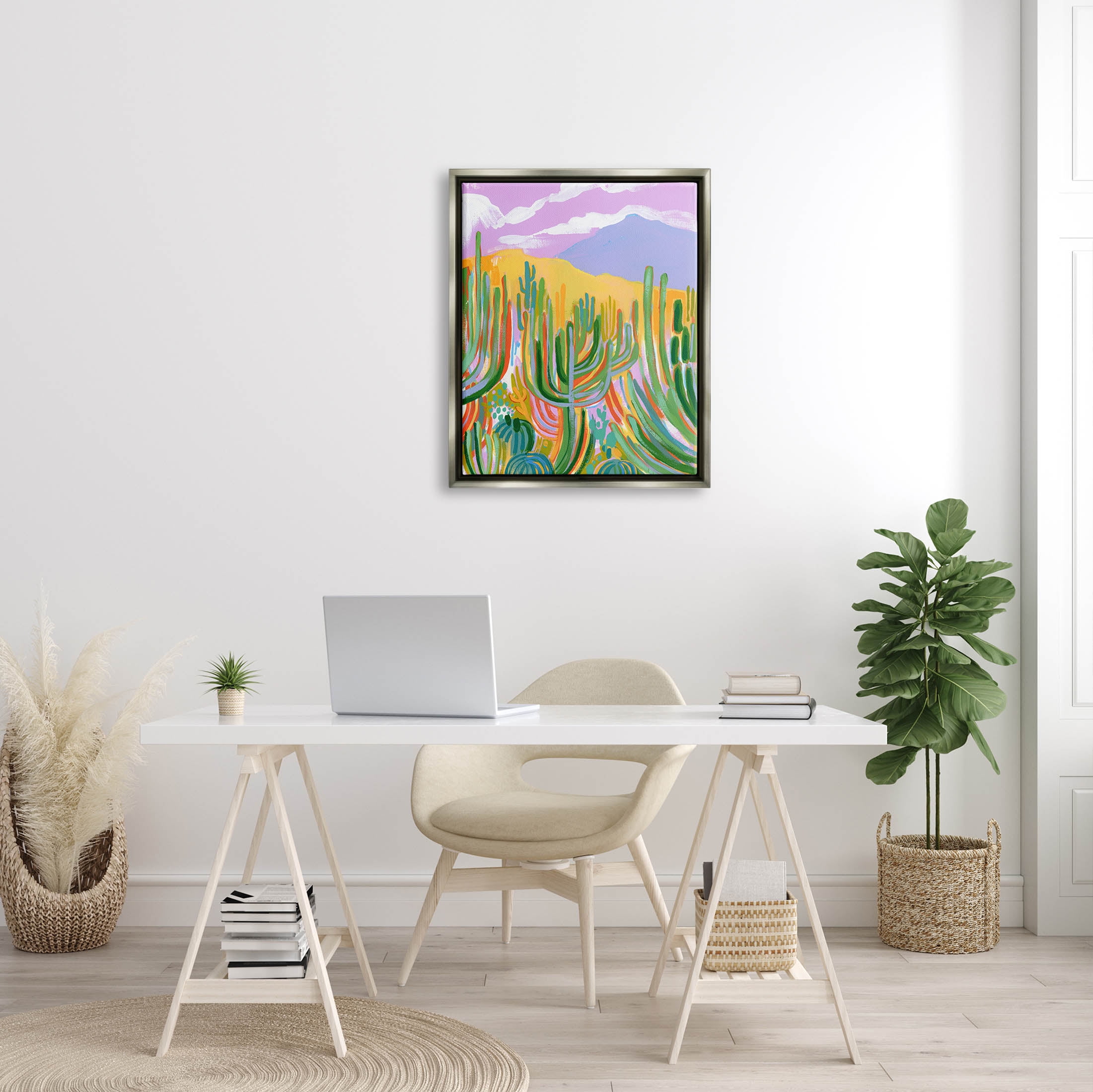 Stupell Industries Abstract Cactus Plants Desert Dunes Painting Luster Gray Floating Framed Canvas Print Wall Art, Design by Laura Marr