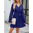 thumbnail image 3 of Liacowi Women's Autumn Casual Pregnancy Dress Solid Color Long Sleeve V Neck Pleated Dress with Belt, 3 of 8