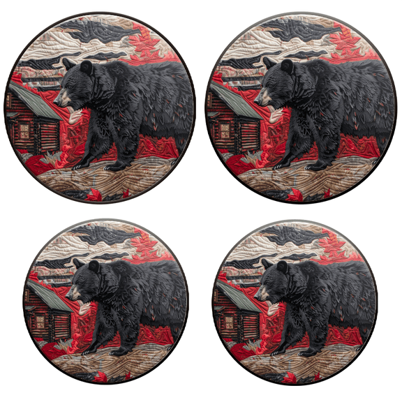 BaHomeck Electric Stove Burner Covers Set of 4,Round Metal Gas Stove Burner Covers 8 Inch and 10 Inch,Kitchen Decor,Black Bear Walking In Front Of Old Log Cabin