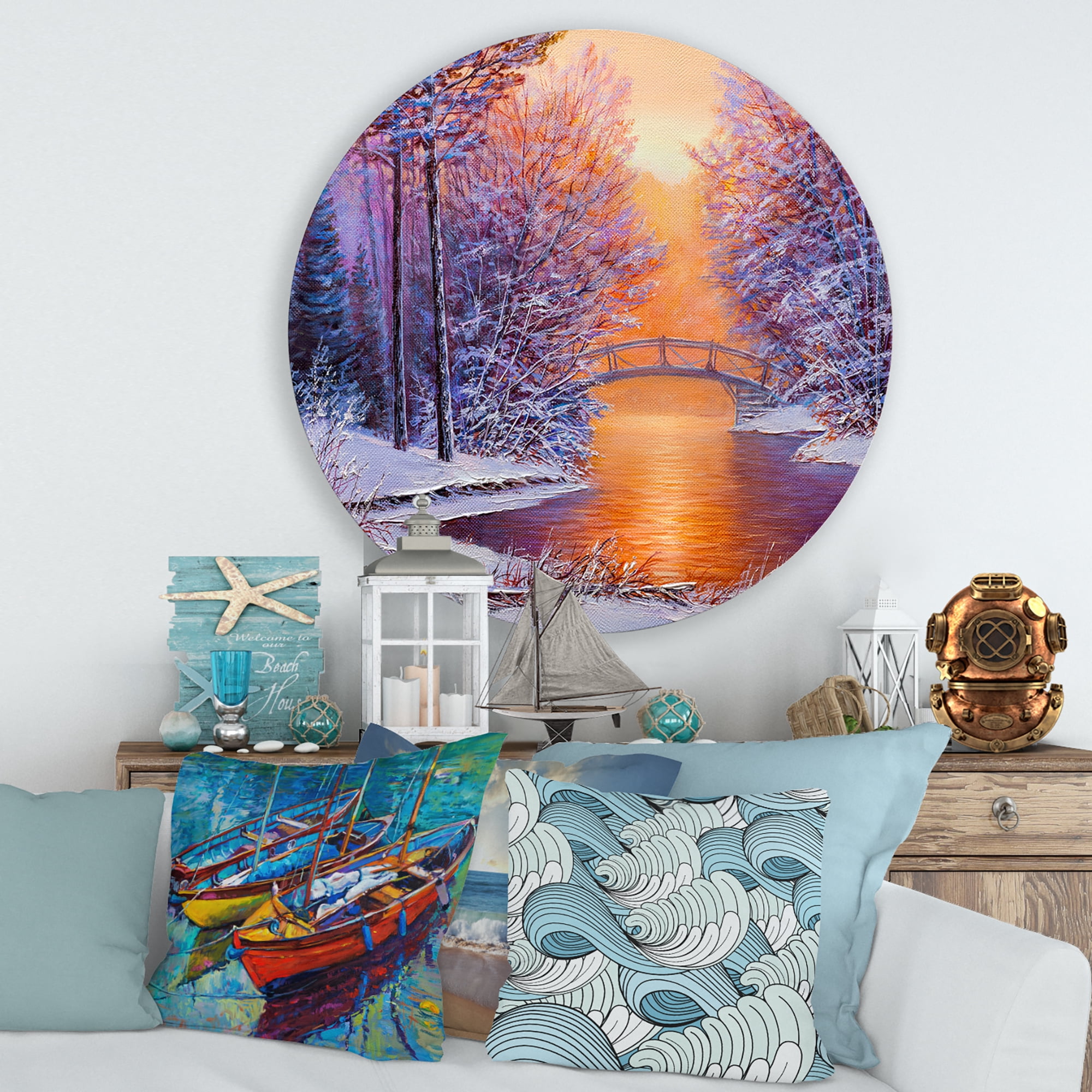 Designart 'Winter Landscape With Bridge Over The River' Traditional Circle Metal Wall Art 29x29 - Disc of 29