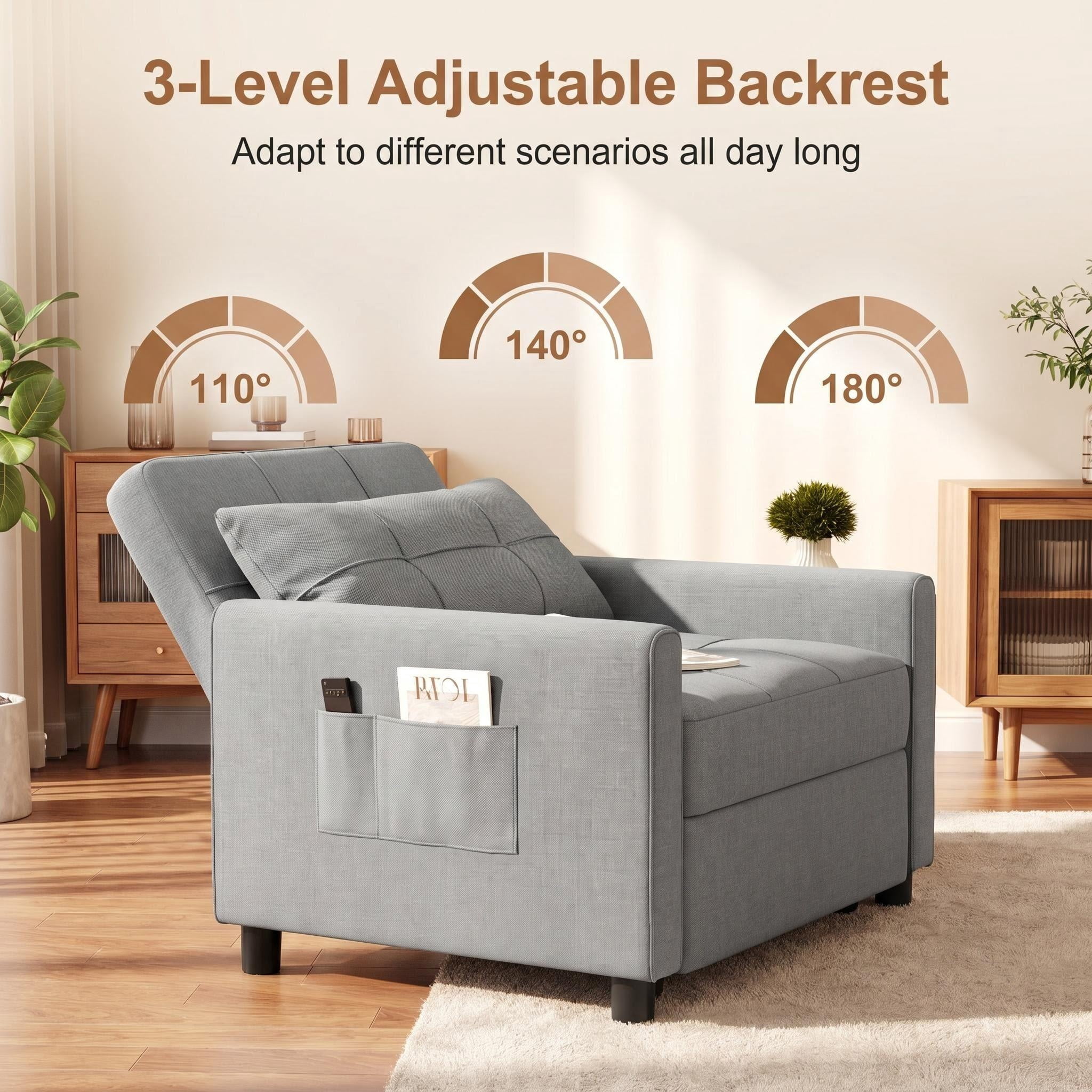 Sleeper chair Bed, Lofka Convertible Futon Sofa Bed with Pull Out Couch and Adjustable Backrest for Living Room, Light Gray