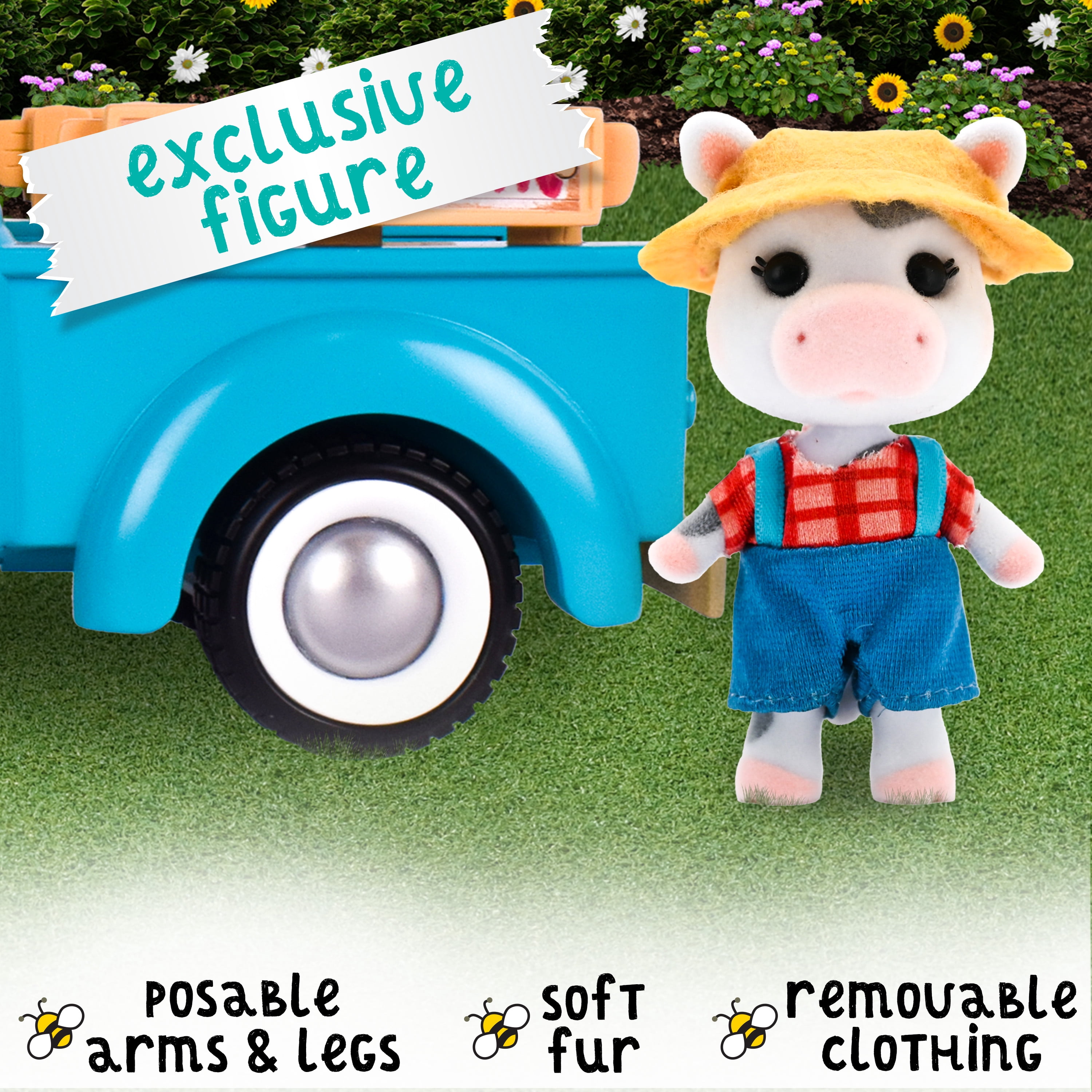 Honey Bee Acres Buzzby Farm Truck – Toy Vehicle with Miniature Food Accessories and Cow Figure – Seats 4 Dolls – Dolls for Kids Ages 3+