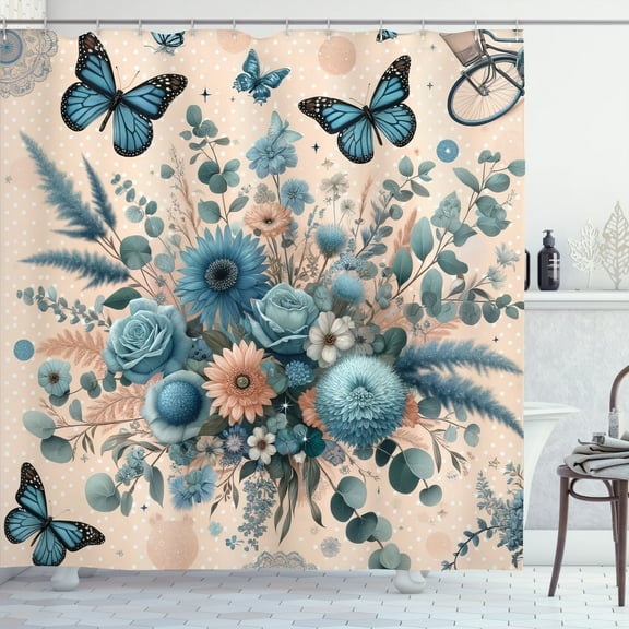 Ambesonne Floral Eucalyptus Shower Curtain, Joyful Spring, 69"Wx84"L, Blush and Sea Blue