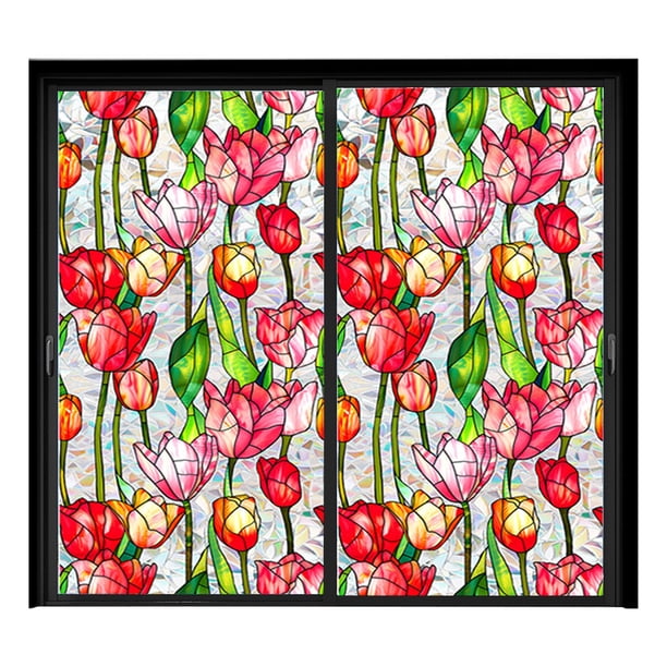 Lámina adhesiva estática para ventanas con motivos florales y arcoíris, 100 x 43 cm, adhesivo de PVC, 5 diseños botánicos para puertas de cristal