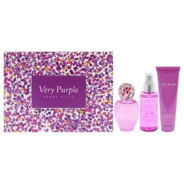 Perry Ellis Very Purple de Perry Ellis para mujer - Set de regalo de 3 piezas en spray EDP de 3,4 oz, loción corporal de 3 oz, bruma corporal de 4 oz