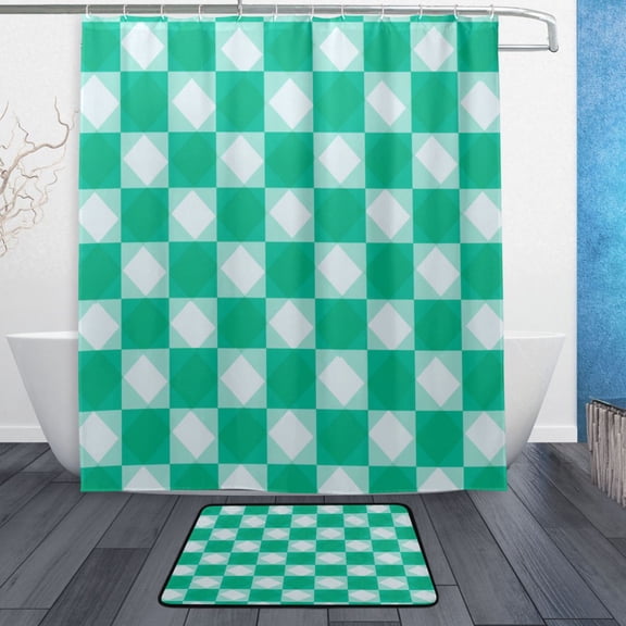 TTYFWHD 60" x 72" Shower Curtain and Bath Mat Set Emerald Green Squares Waterproof Bathroom Curtain with 12 Hooks, Bathroom Decor Set